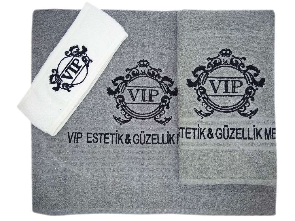 Firma Logolu Özel Güzellik Salonu Havlusu Orta Kalite 3'lü Set Gri VIP