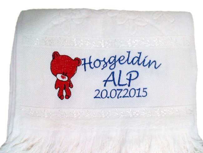 İsim Yazılı Yeni Doğan Bebek Havlusu Ayıcık 30x50 Kadife Etaminli Fiesta Soft Beyaz alp