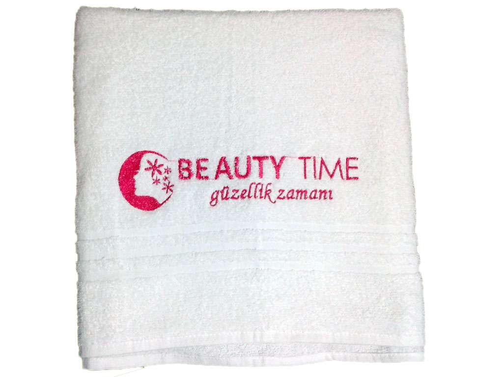 Firma Logolu Güzellik Salonu Banyo Sedye Havlusu 70*140 Özel Tasarım Ekonomik Kalite Beyaz Time