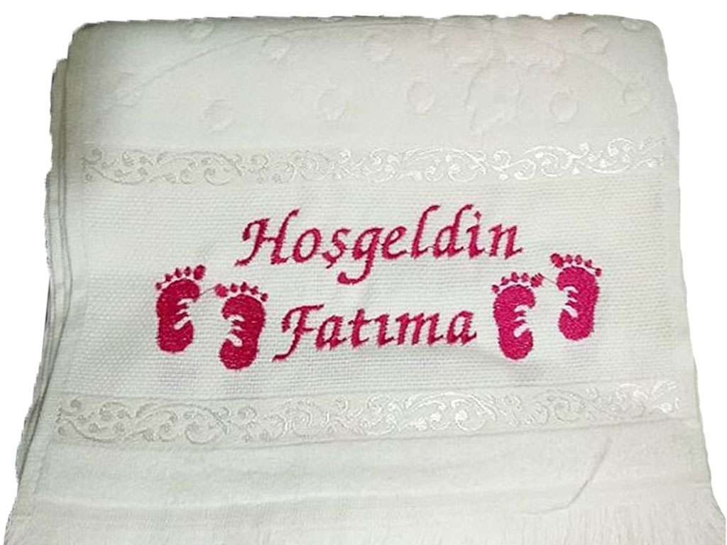 İsim Yazılı Yeni Doğan Bebek Havlusu Ayak İzli 30x50 Kadife Etaminli Fiesta Soft Beyaz Fatıma